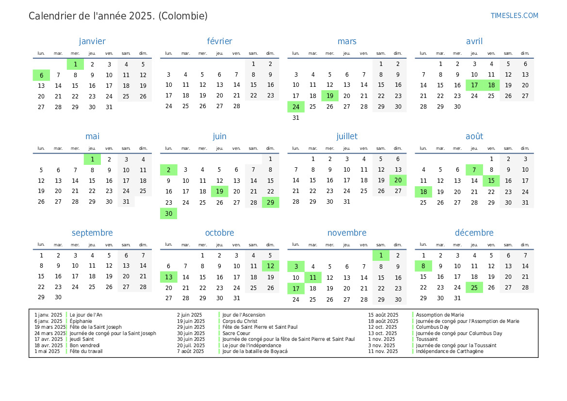 Calendrier 2025 Colombie-Britannique