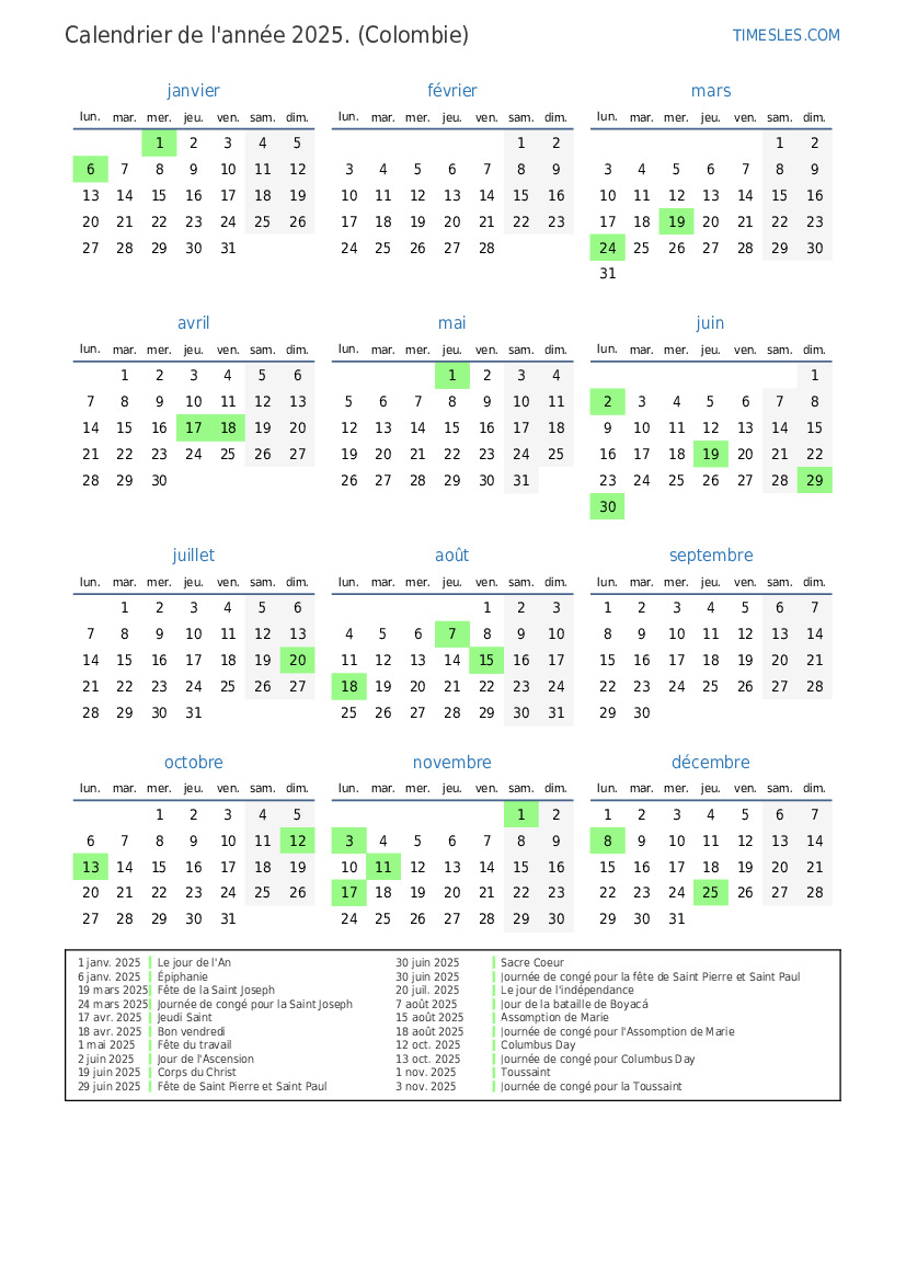 Calendrier 2025 avec jours fériés en Colombie  Imprimer et télécharger le calendrier
