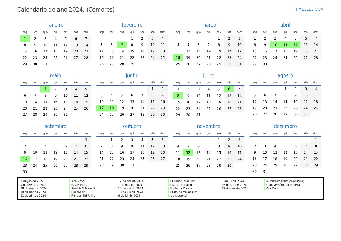 Calend Rio 2024 Com Feriados Em Comores Imprimir E Baixar Calend Rio   Calendar Yearly 2024 L Pt Comoros 43 