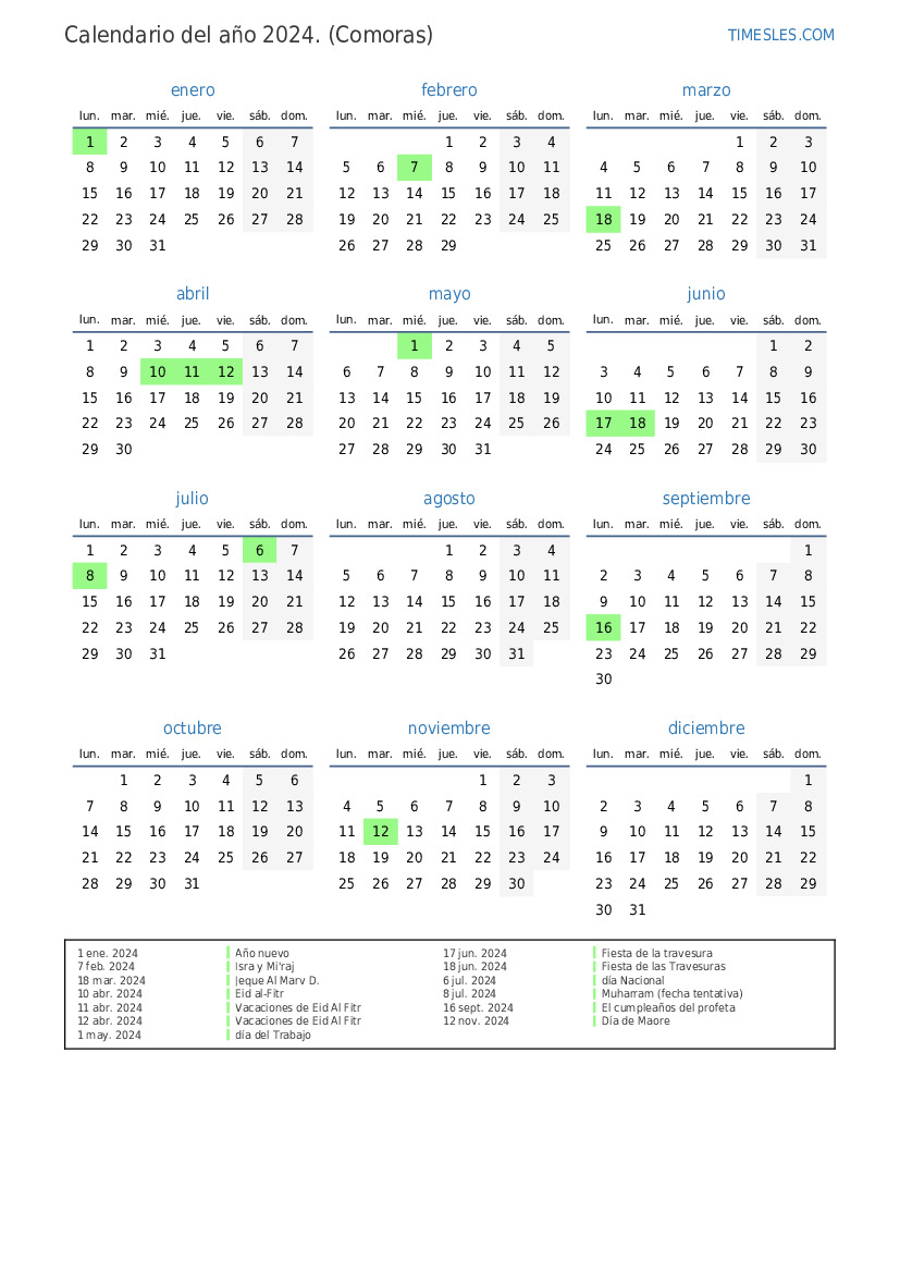 Calendario 2024 con días festivos en Comoras Imprimir y descargar