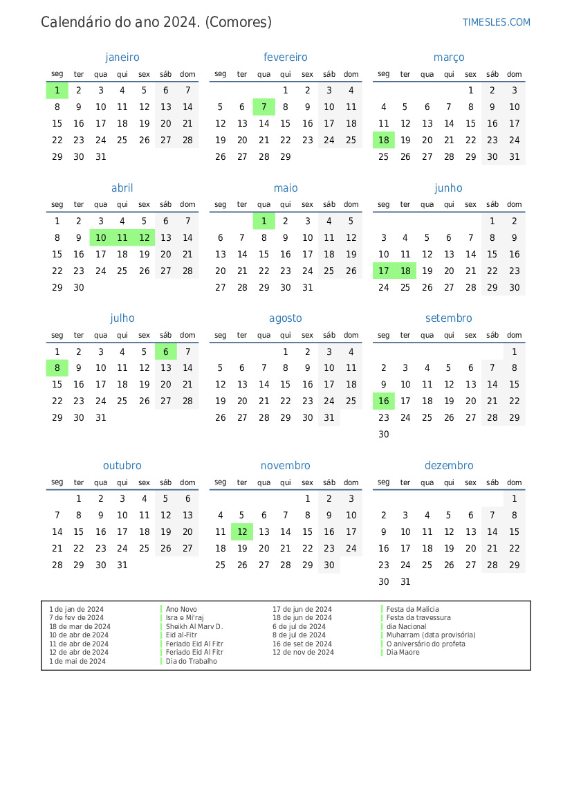 Calendário 2024 com feriados em Comores Imprimir e baixar calendário