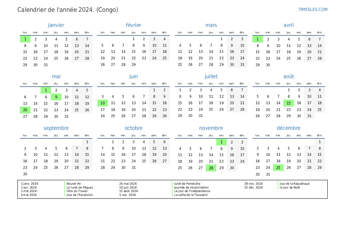 Calendrier 2024 avec jours fériés au Congo | Imprimer et télécharger le