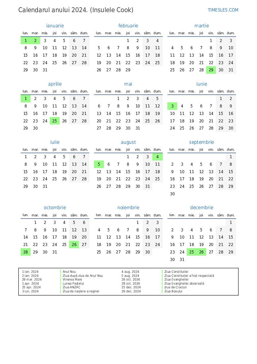 Calendar pentru anul 2024 cu sărbători în Insulele Cook Imprimați și