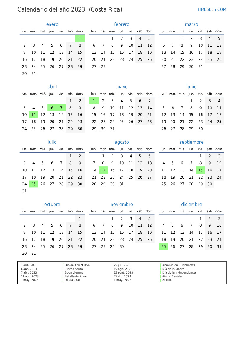 Calendario 2023 Con Feriados Costa Rica Pdf IMAGESEE