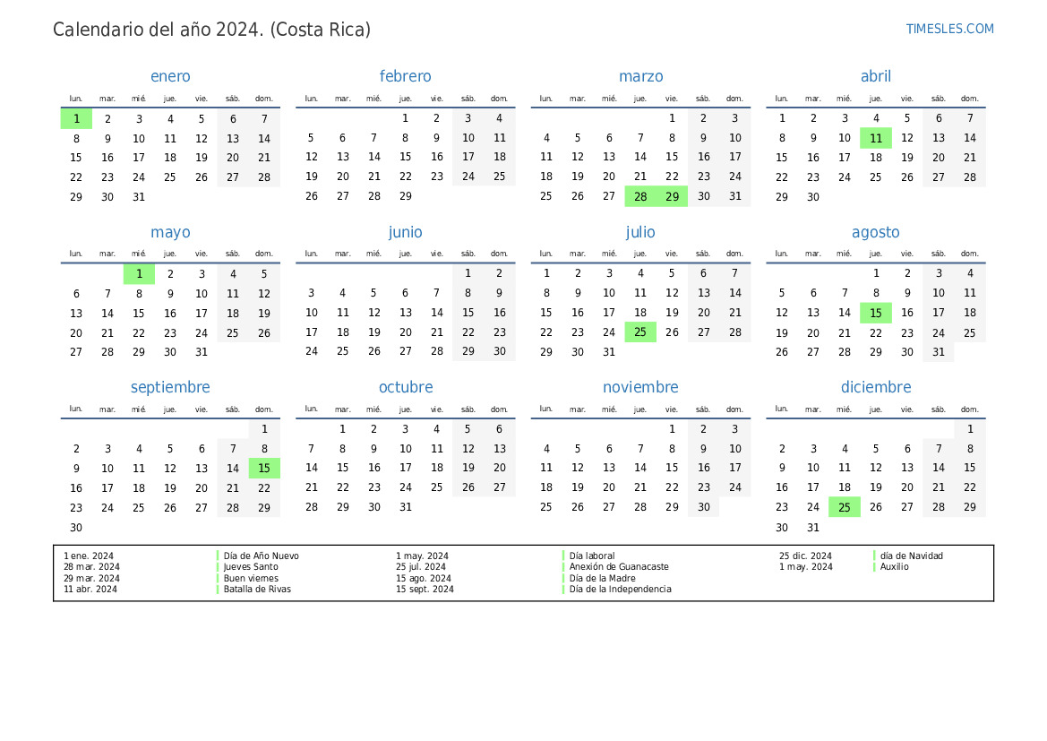 Calendario 2024 con días festivos en Costa Rica Imprimir y descargar