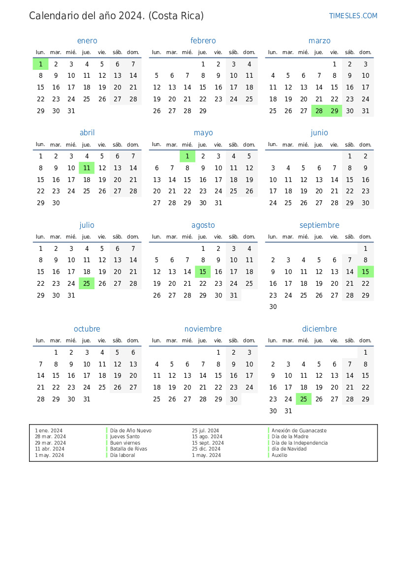 Calendario 2024 con días festivos en Costa Rica Imprimir y descargar