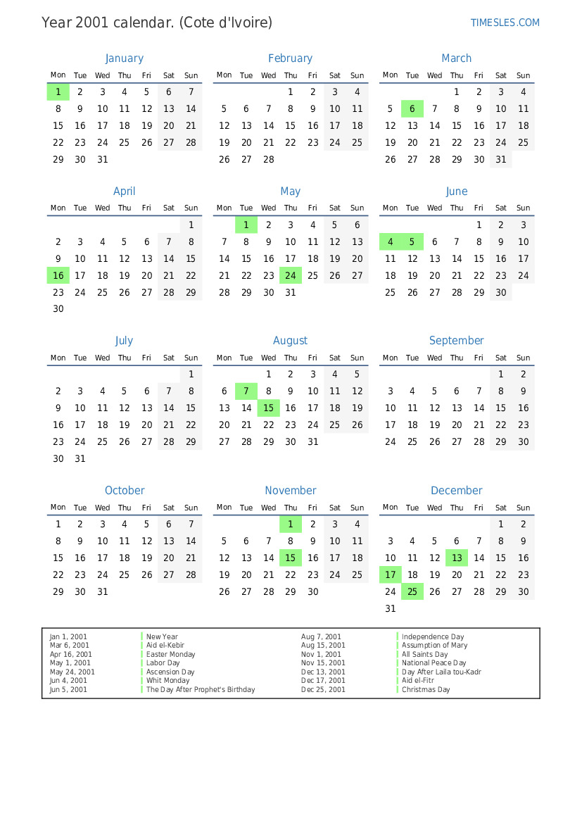 Calendar for 2001 with holidays in Cote d'Ivoire | Print and download ...