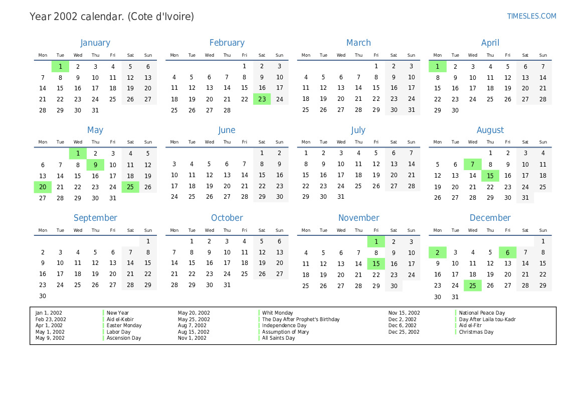 Calendar for 2002 with holidays in Cote d'Ivoire | Print and download ...