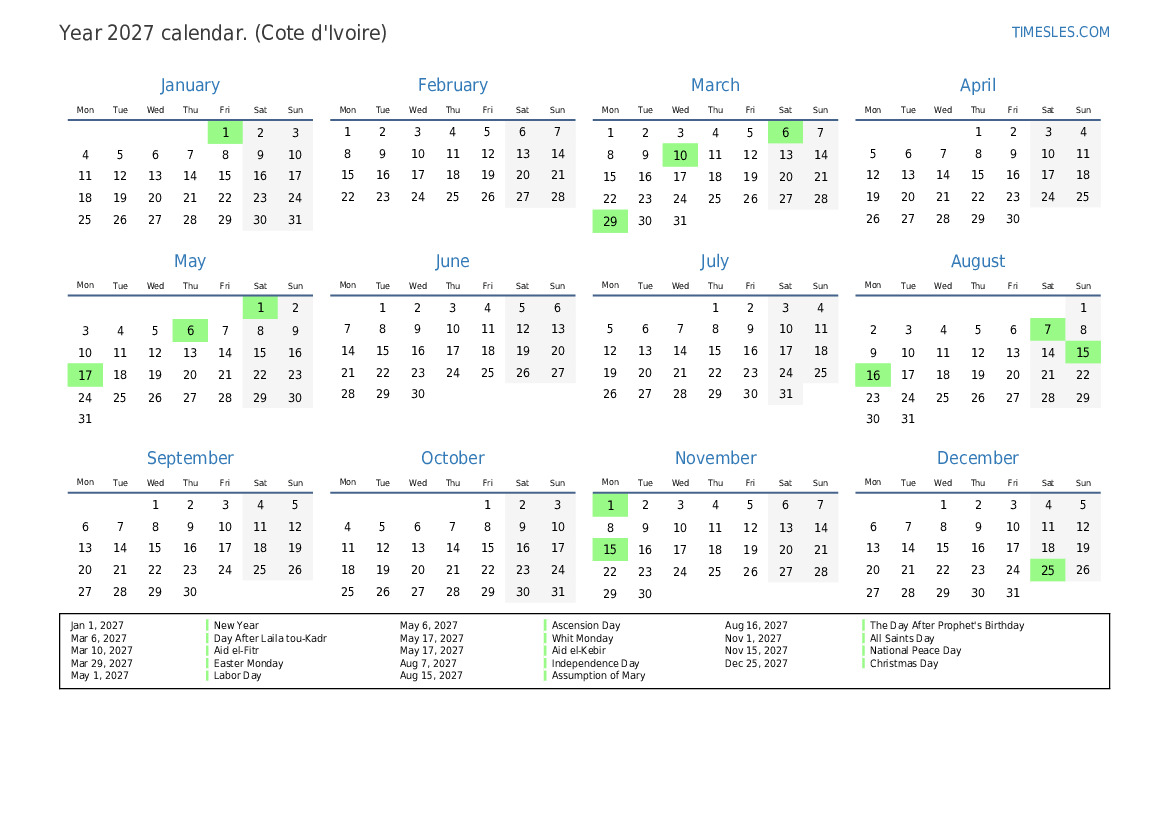 Calendar for 2027 with holidays in Cote d'Ivoire | Print and download ...