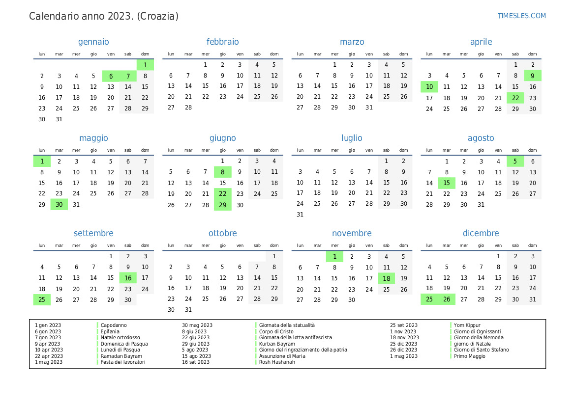 Calendario per il 2023 con giorni festivi in Croazia Stampa e scarica