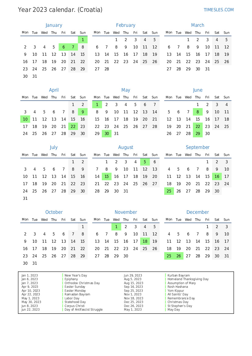Calendar for 2023 with holidays in Croatia Print and download calendar