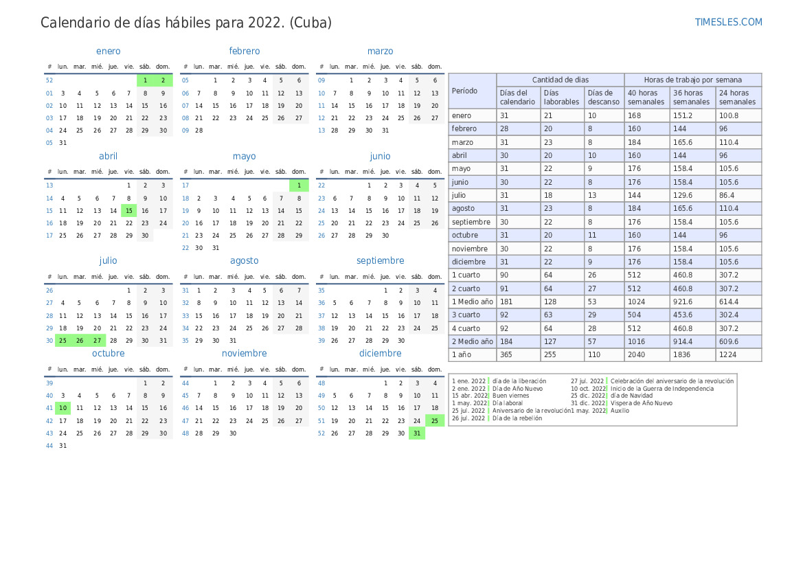 Calendario de días laborales para 2022 con festivos En Cuba | Imprimir ...