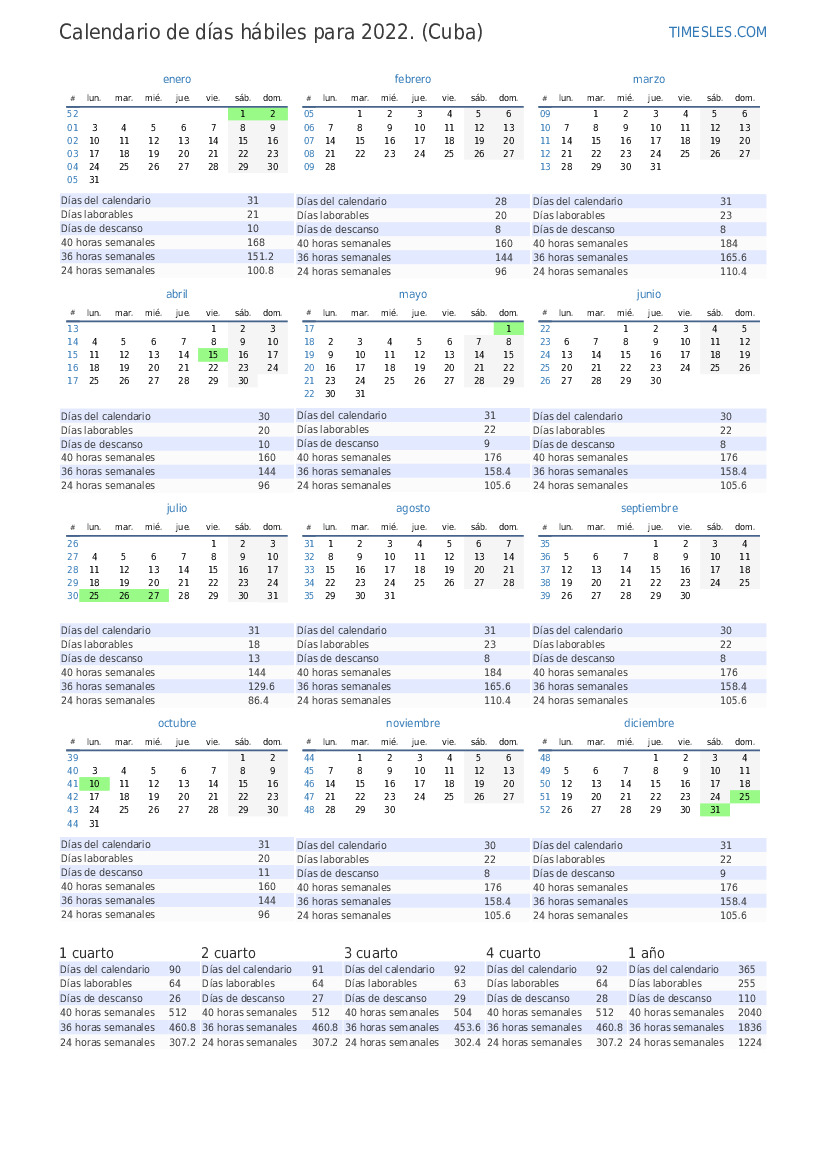 Calendario de días laborales para 2022 con festivos En Cuba | Imprimir ...