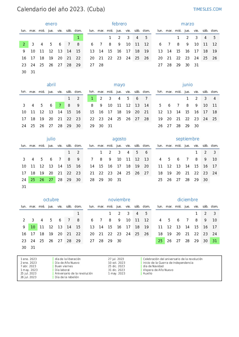 Calendario 2023 con días festivos En Cuba Imprimir y descargar calendario