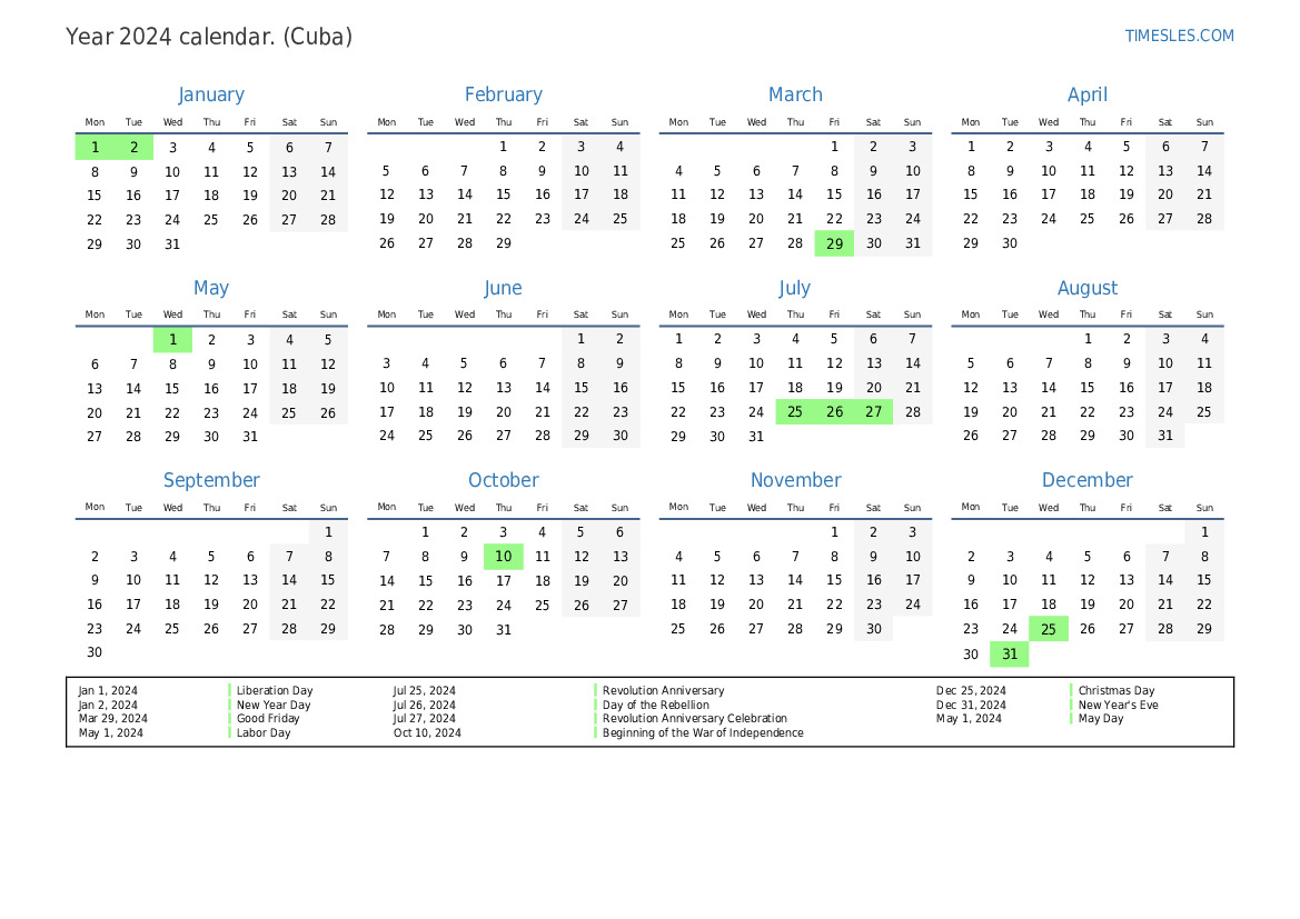Calendar for 2024 with holidays in Cuba Print and download calendar