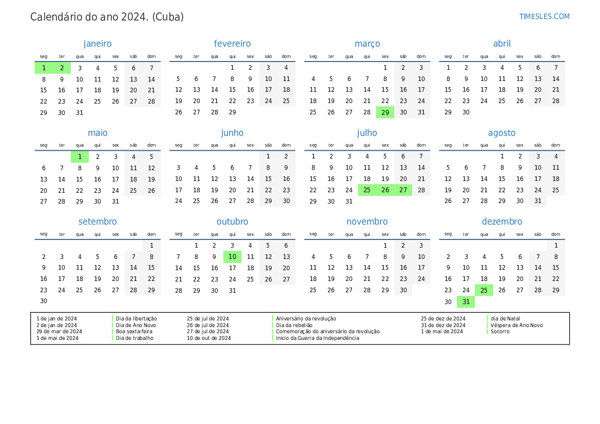 Calendário 2024 com feriados em cuba Imprimir e baixar calendário