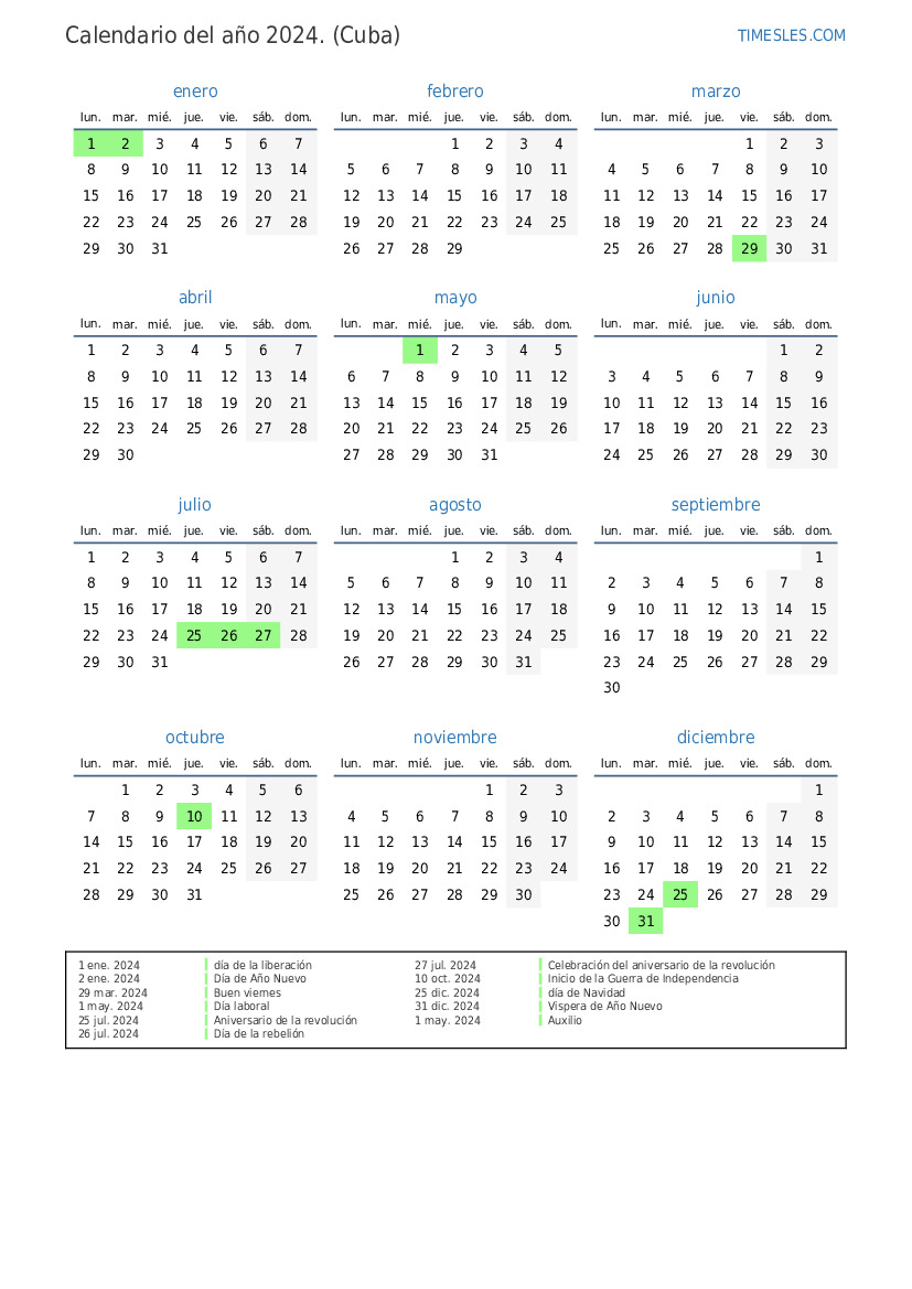 Calendario 2024 con días festivos En Cuba Imprimir y descargar calendario