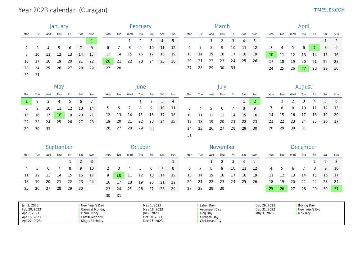 Calendar for 2023 with holidays in Curaçao Print and download calendar