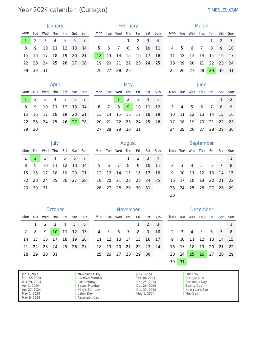Calendar for 2024 with holidays in Curaçao Print and download calendar