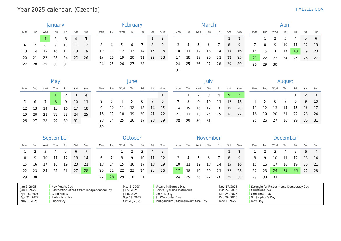 Calendar for 2025 with holidays in Czechia Print and download calendar