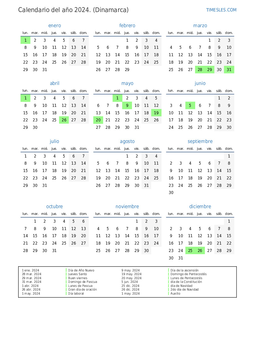 Calendario 2024 con días festivos en Dinamarca Imprimir y descargar