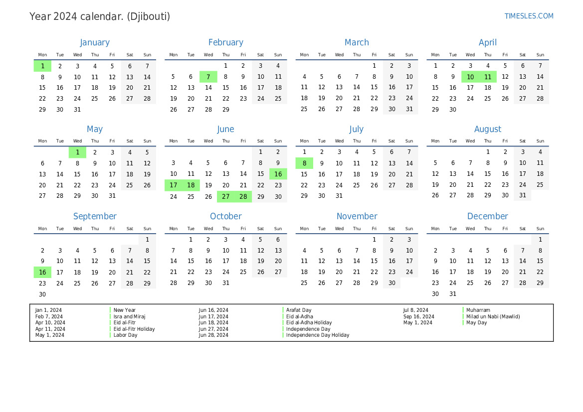Calendar for 2024 with holidays in Djibouti Print and download calendar