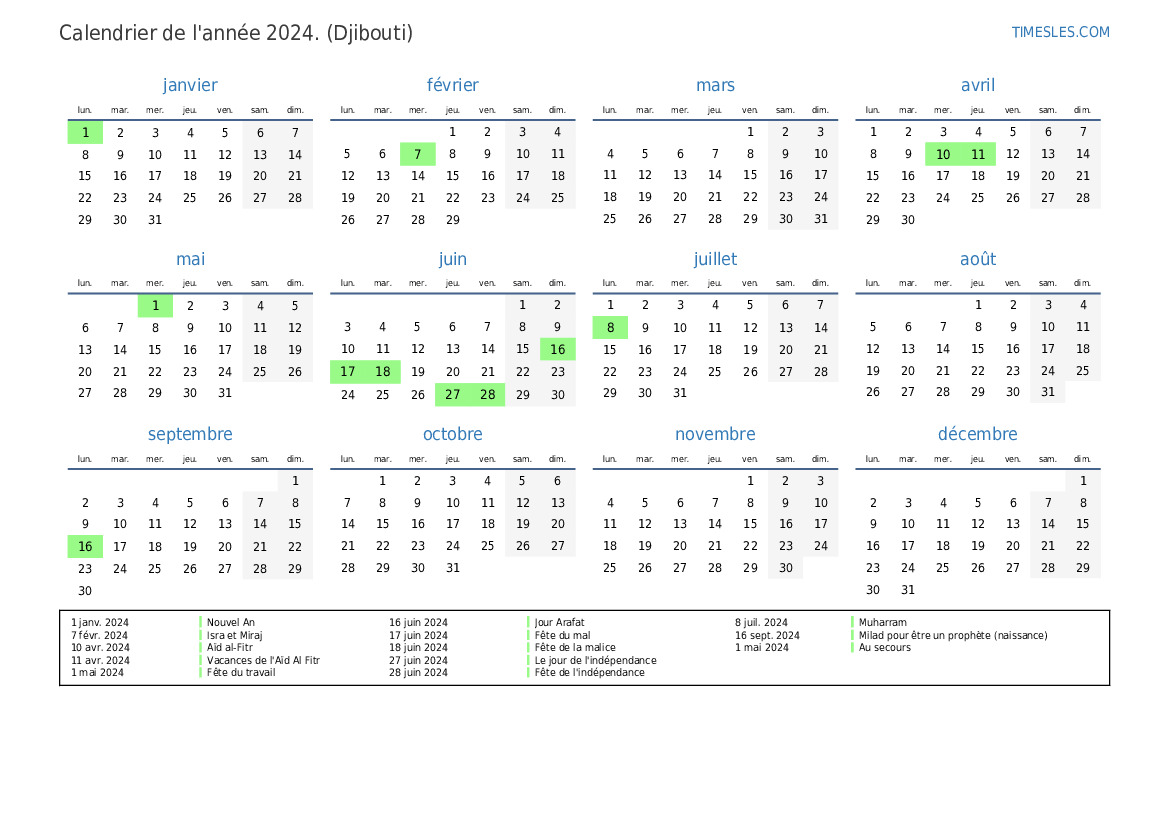 Calendrier 2024 avec jours fériés à Djibouti | Imprimer et télécharger