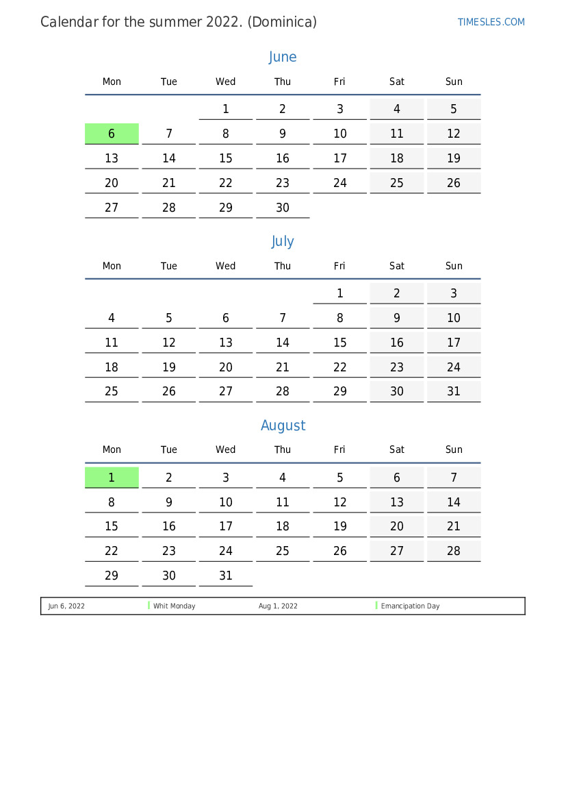 Summer Calendar 2022 Summer 2022 Calendar With Holidays For Dominica | Print And Download  Calendar