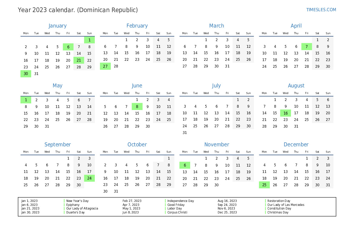 Calendar For 2023 With Holidays In Dominican Republic Print And Download Calendar