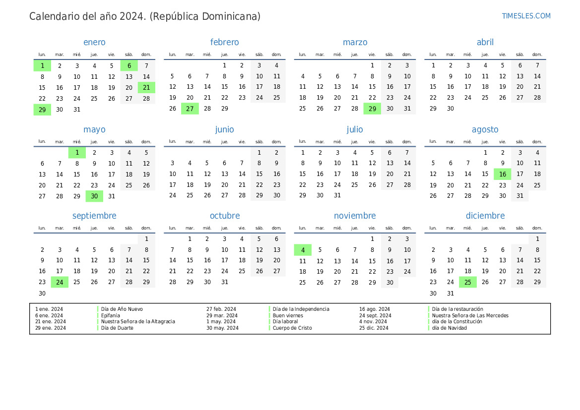 Calendario 2024 con días festivos en republica dominicana Imprimir y