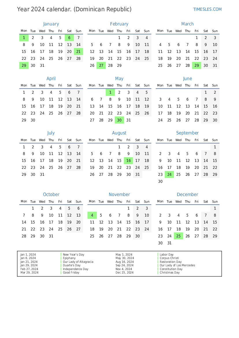 Calendar for 2024 with holidays in Dominican Republic Print and