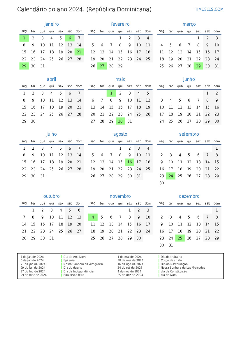 Calendário 2024 com feriados na República Dominicana Imprimir e