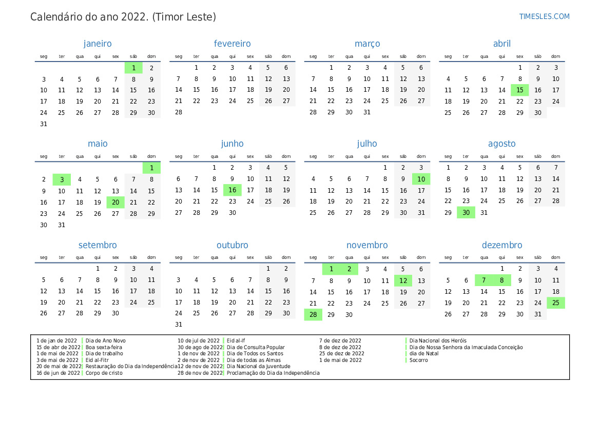 Calendário 2022 com feriados em Timor Leste | Imprimir e baixar calendário