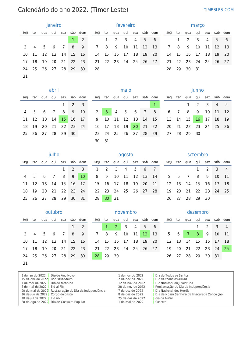 Calendário 2022 com feriados em Timor Leste | Imprimir e baixar calendário