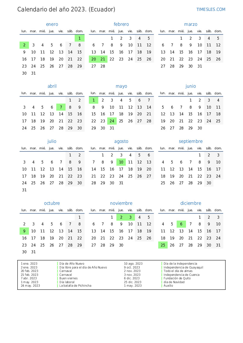 Calendario 2023 Con Días Festivos En Ecuador Imprimir Y Descargar