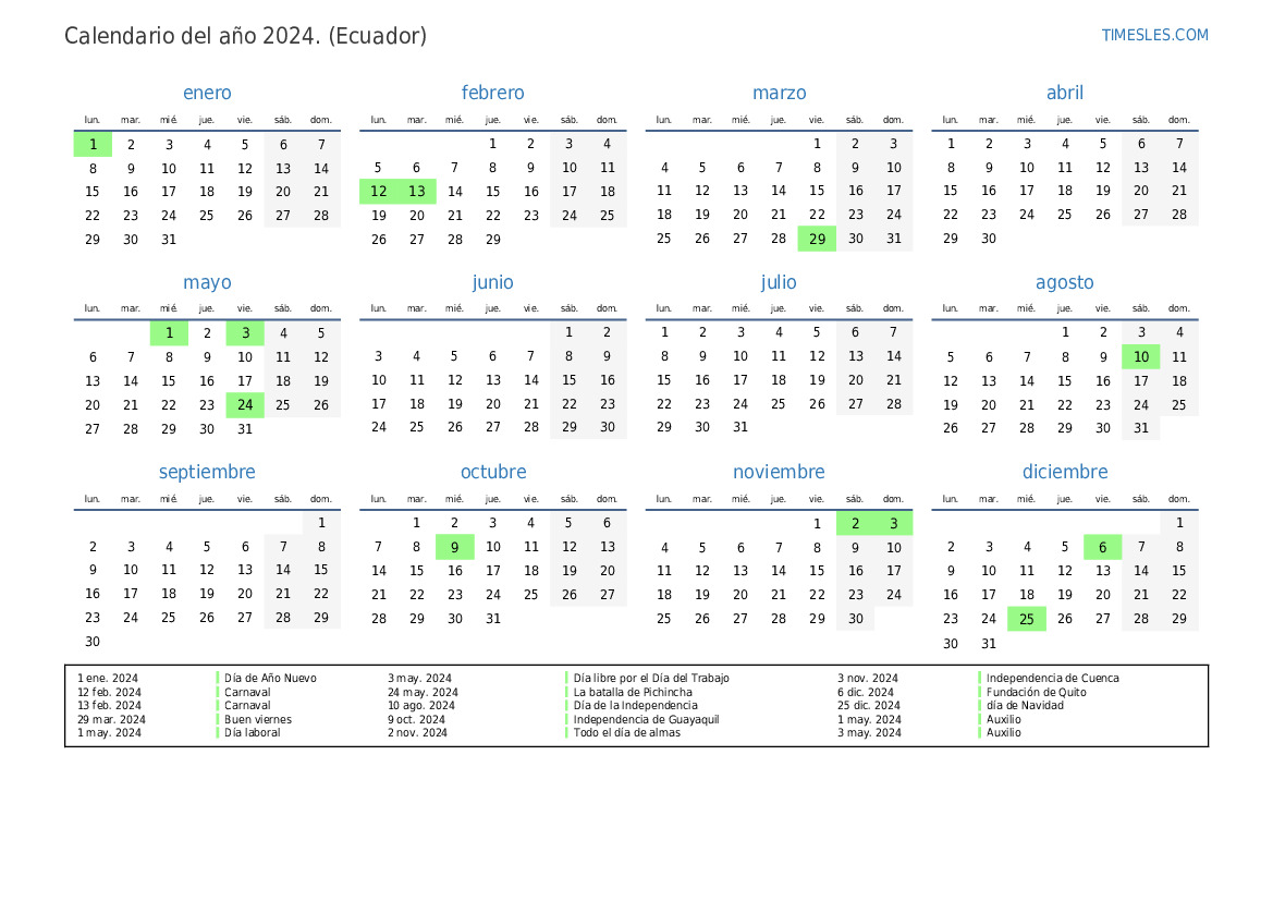 Calendario 2024 con días festivos en ecuador Imprimir y descargar