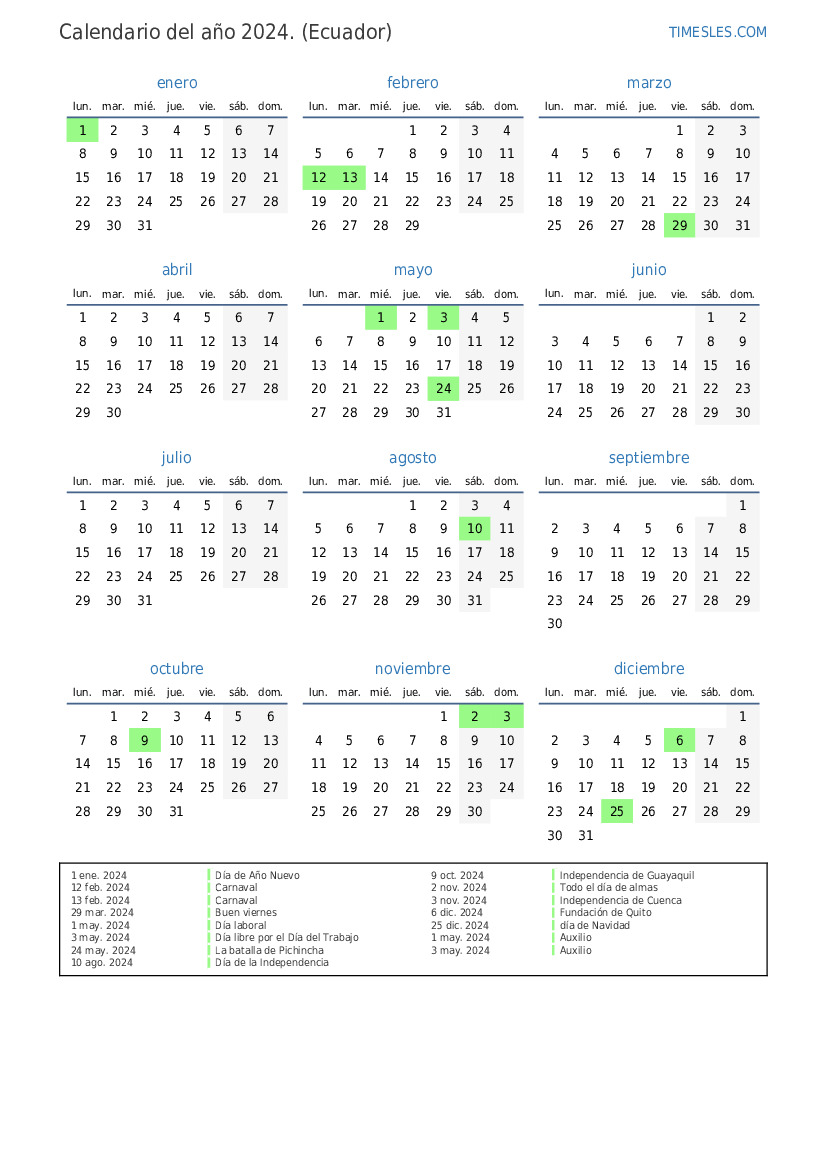Calendario 2024 con días festivos en ecuador Imprimir y descargar calendario