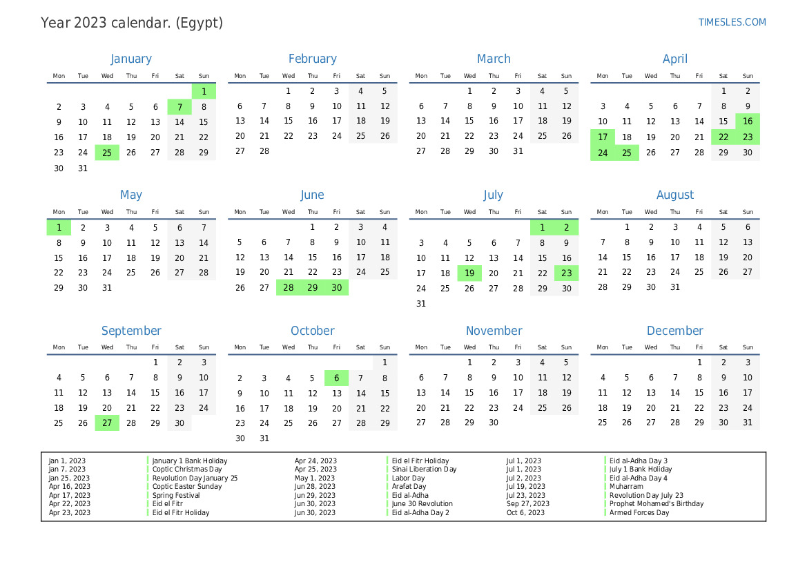 Calendar for 2023 with holidays in Egypt | Print and download calendar