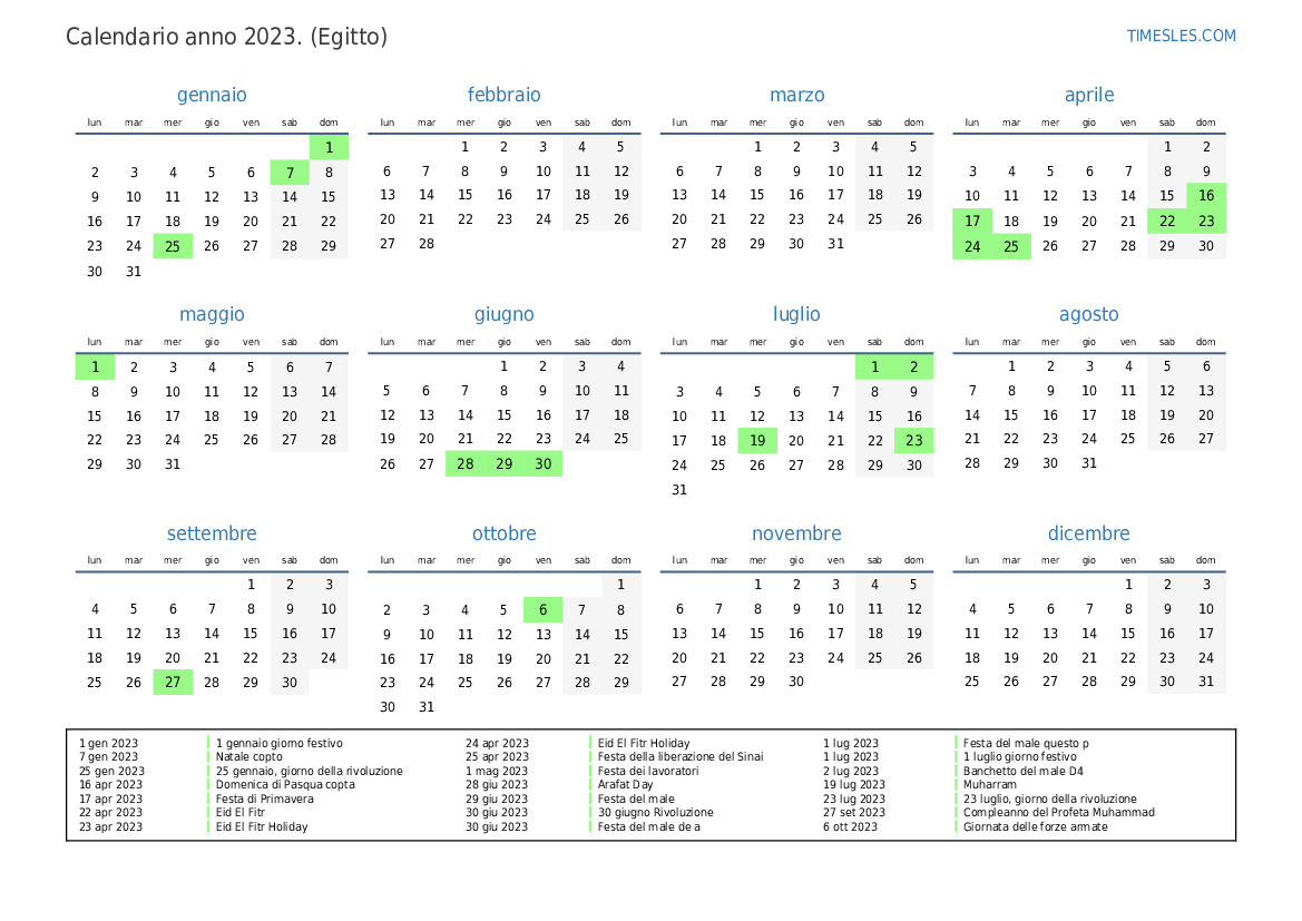 Calendario per il 2023 con giorni festivi in Egitto Stampa e scarica