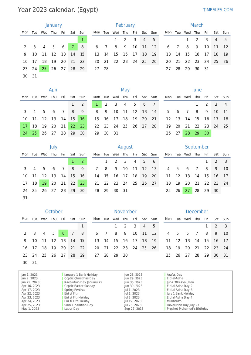 Calendar for 2023 with holidays in Egypt Print and download calendar