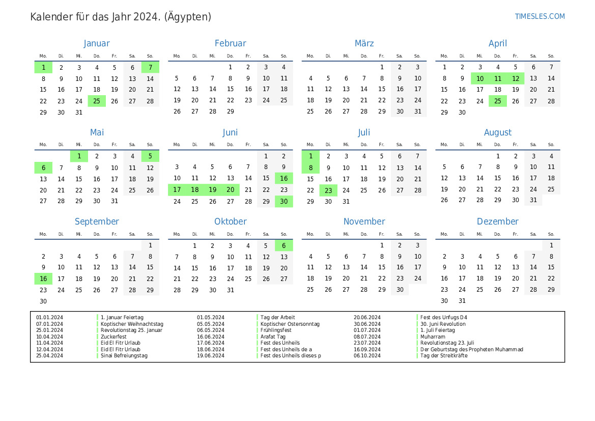 Kalender für 2024 mit Feiertagen in Ägypten Kalender drucken und