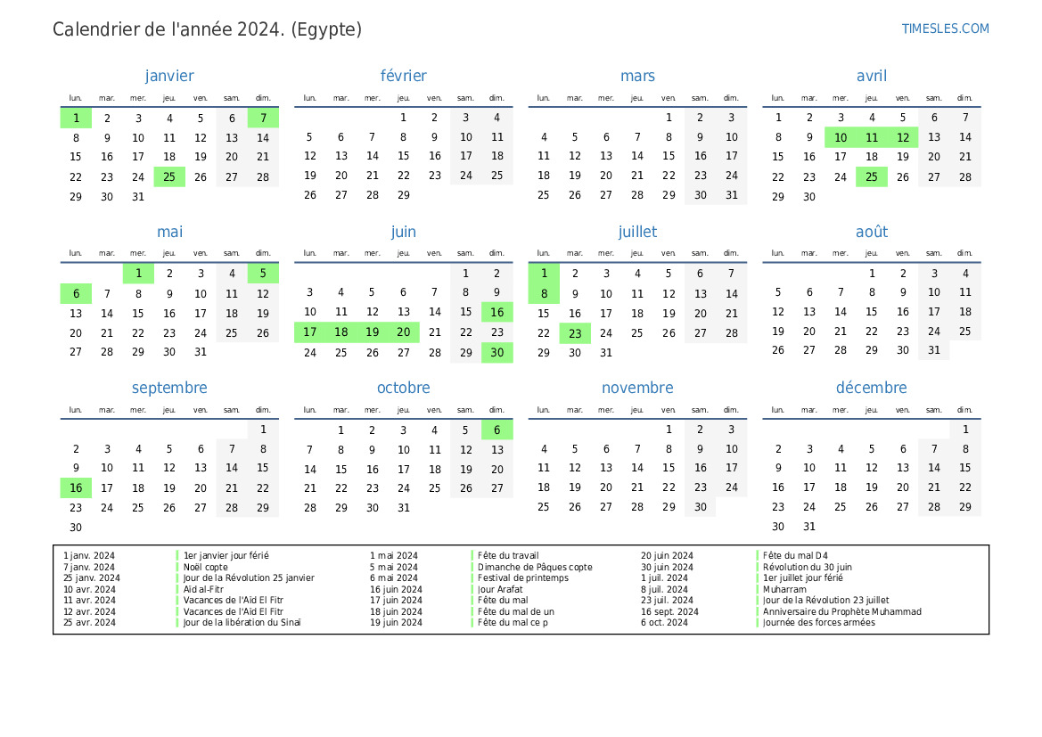 Calendrier 2025 avec jours fériés en Egypte Imprimer et télécharger le calendrier