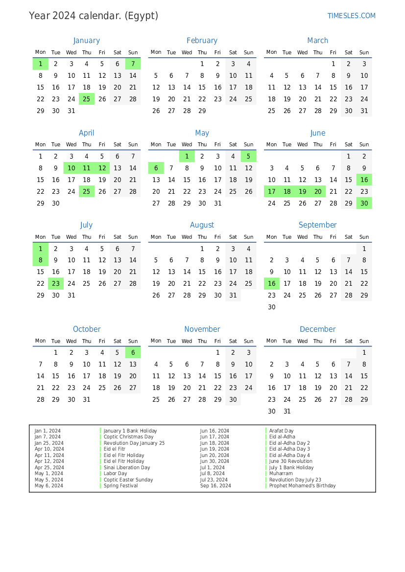 Calendar for 2024 with holidays in Egypt | Print and download calendar