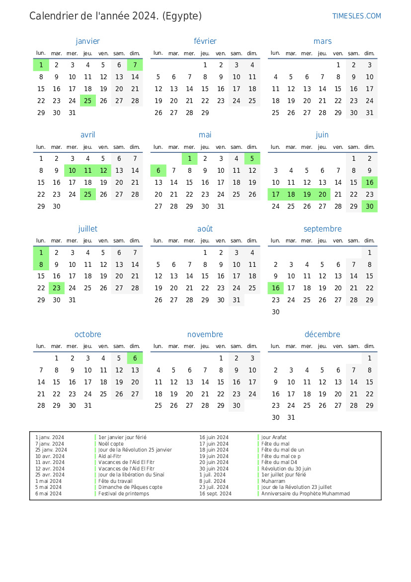 Calendrier 2025 avec jours fériés en Egypte Imprimer et télécharger le calendrier