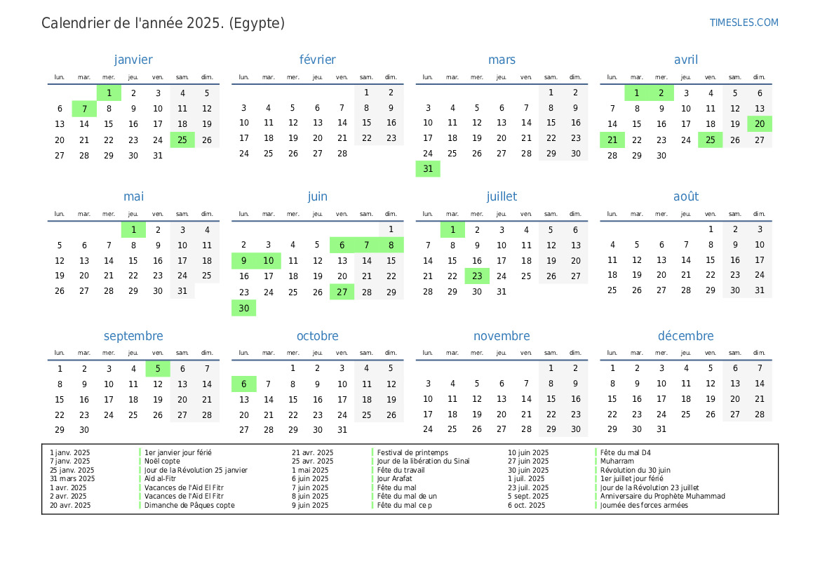Calendrier 2025 avec jours fériés en Egypte  Imprimer et télécharger le calendrier