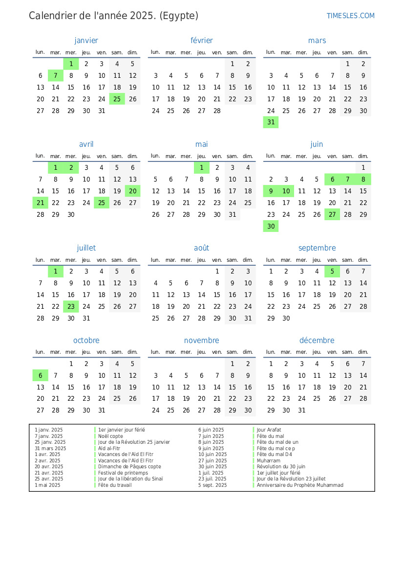 Calendrier 2025 avec jours fériés en Egypte  Imprimer et télécharger le calendrier
