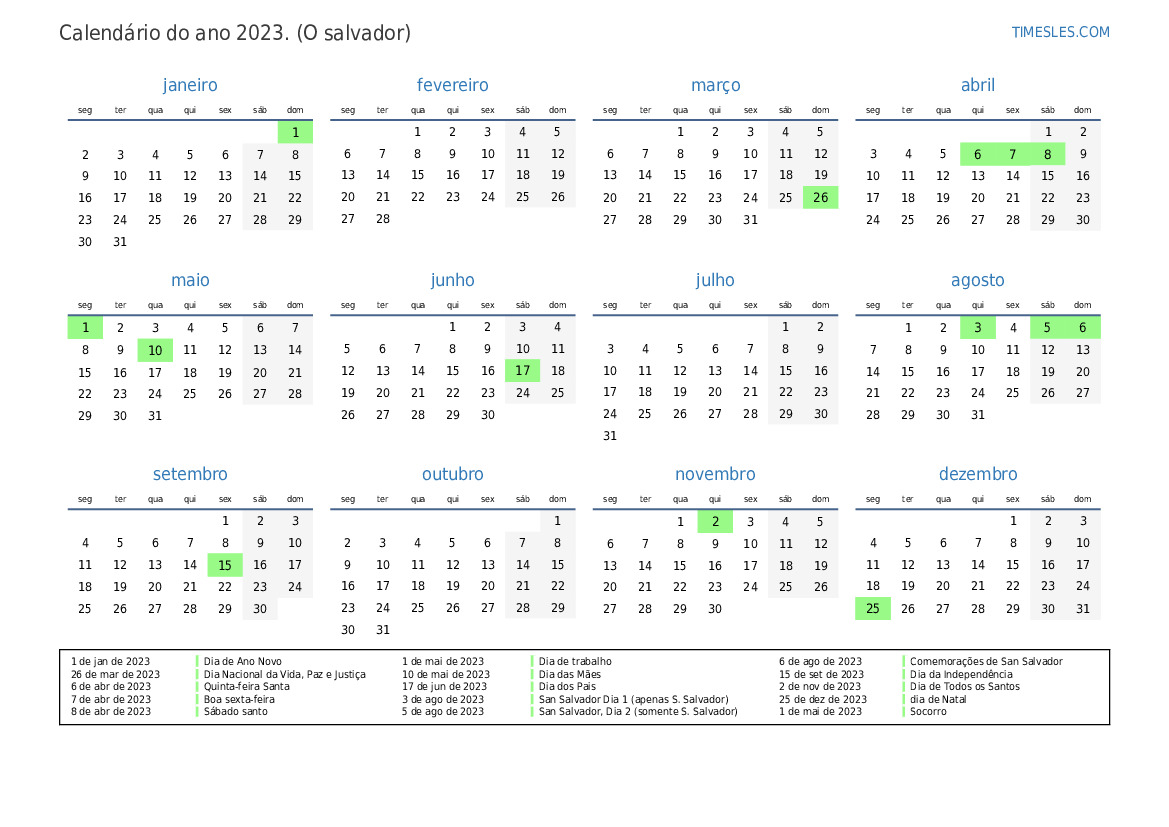 Calendário 2023 com feriados em el salvador Imprimir e baixar calendário