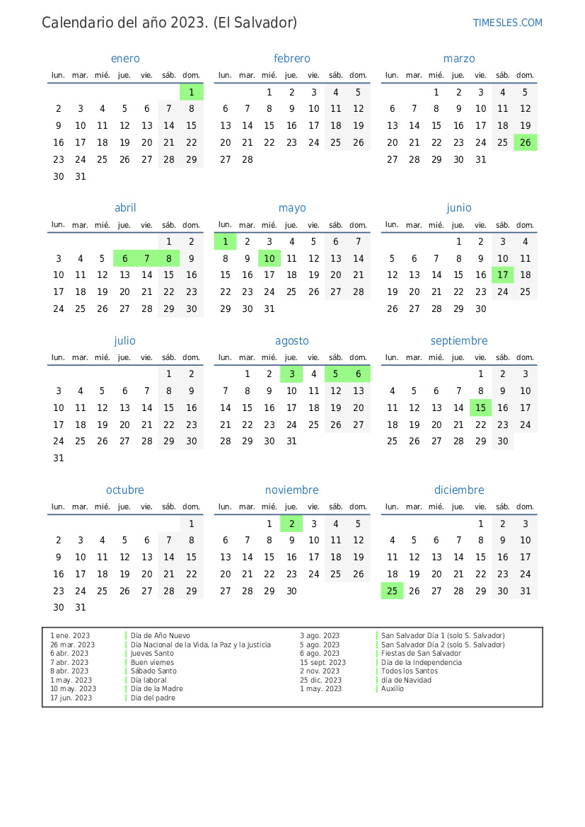Calendario 2023 con días festivos en El Salvador Imprimir y descargar