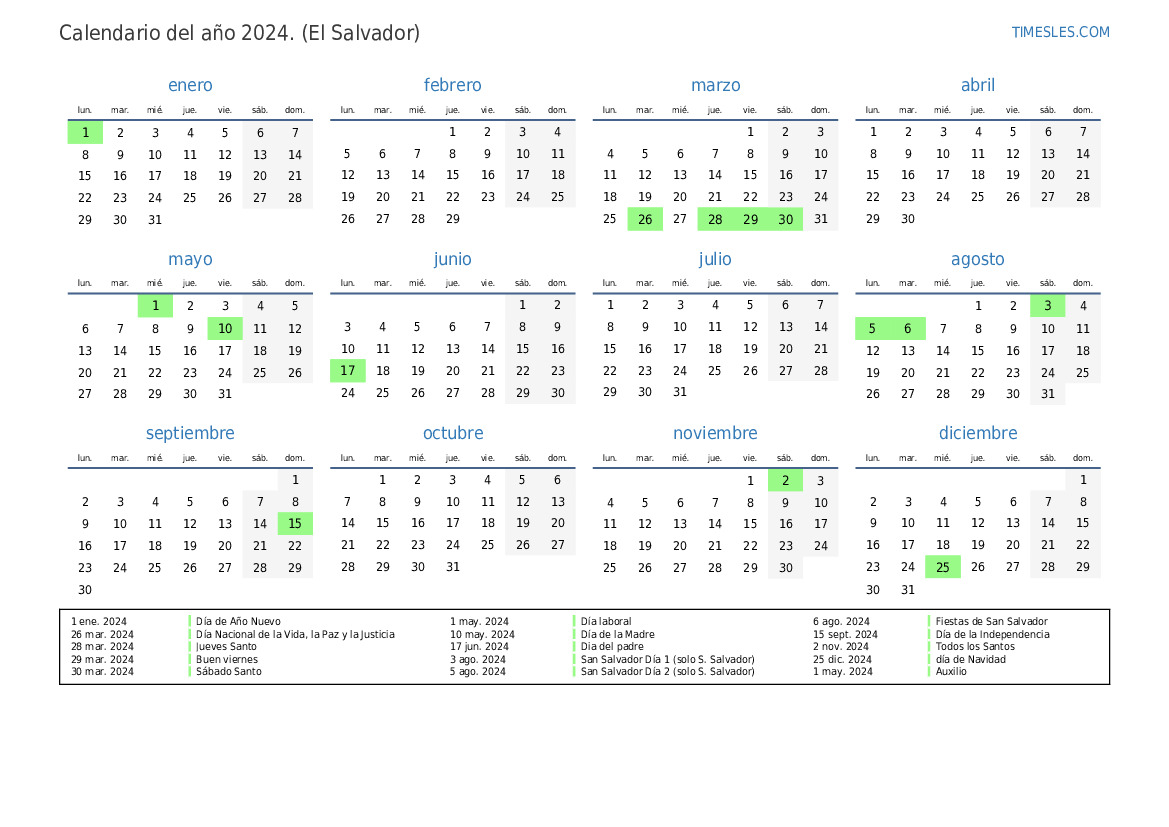 Calendario 2024 con días festivos en El Salvador Imprimir y descargar