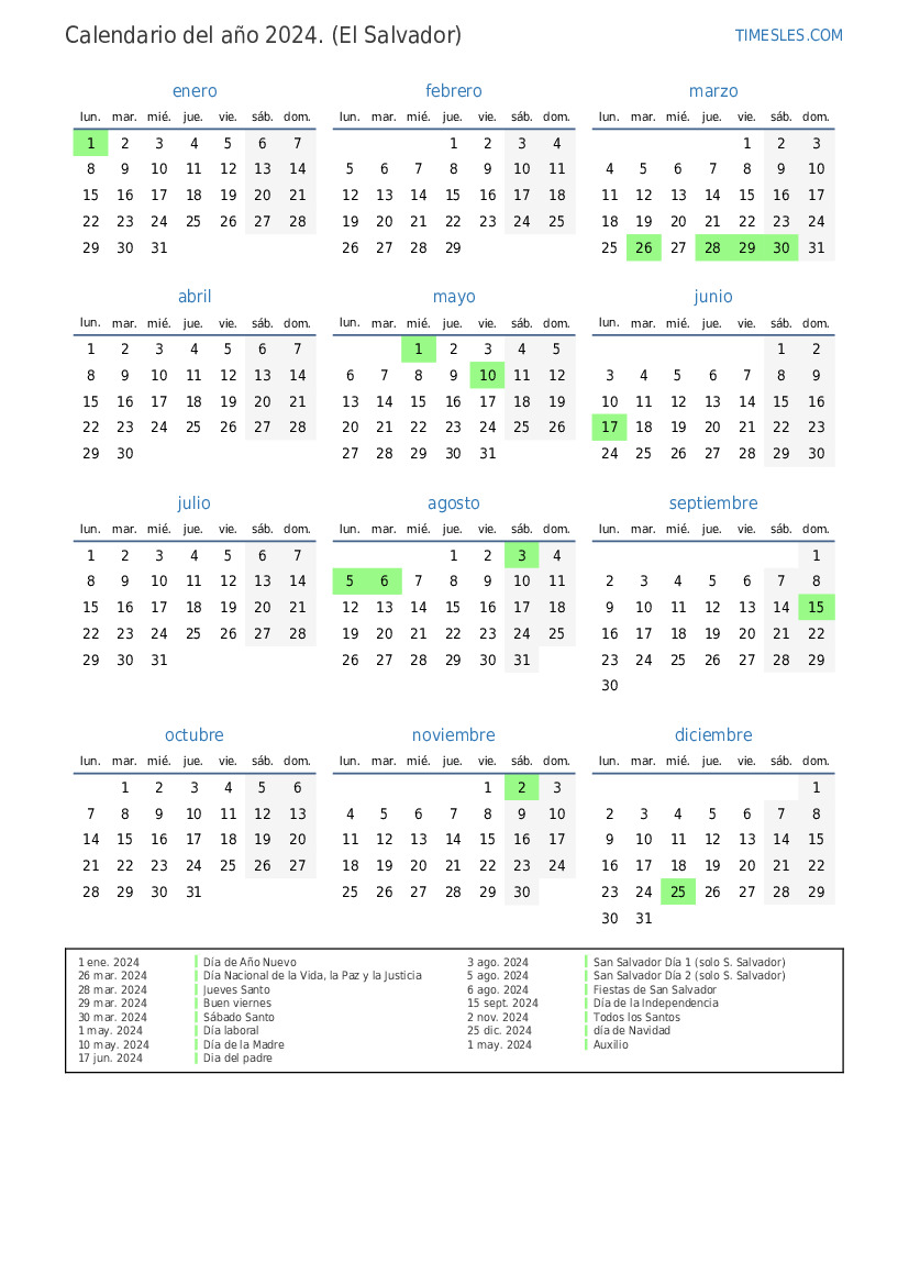 Calendario 2024 con días festivos en El Salvador Imprimir y descargar calendario